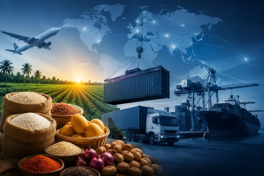 Indian agri-commodities bound for export — rice, produce and spices moving through an Indian container port